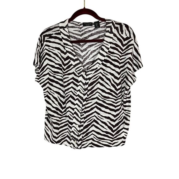 Tahari Animal Print Linen Top XL Tan Zebra Safari Neutral Classic Chic Striped - Picture 1 of 7